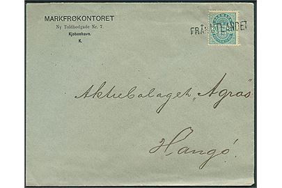 20 øre Våben på skibsbrev fra Kjøbenhavn annulleret med finsk skibsstempel Från Utlandet til Hangö, Finland. På bagsiden ank.stemplet Hangö d. 18.9.1897.