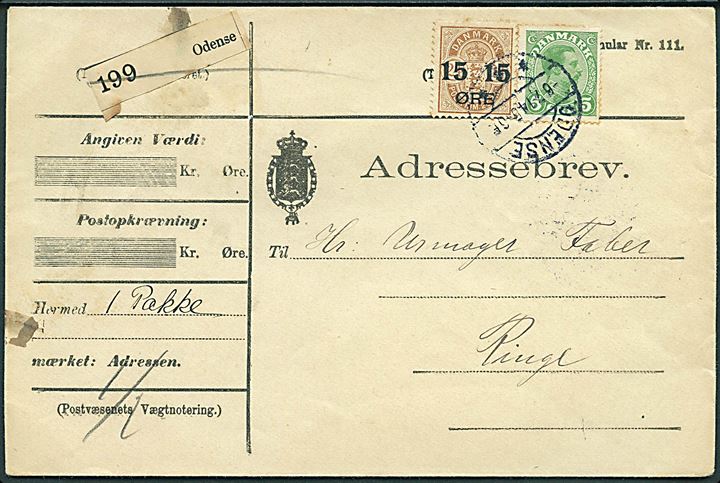 5 øre Chr. X og 15/24 øre Provisorium på adressebrev for pakke fra Odense d. 6.7.1914 til Ringe.