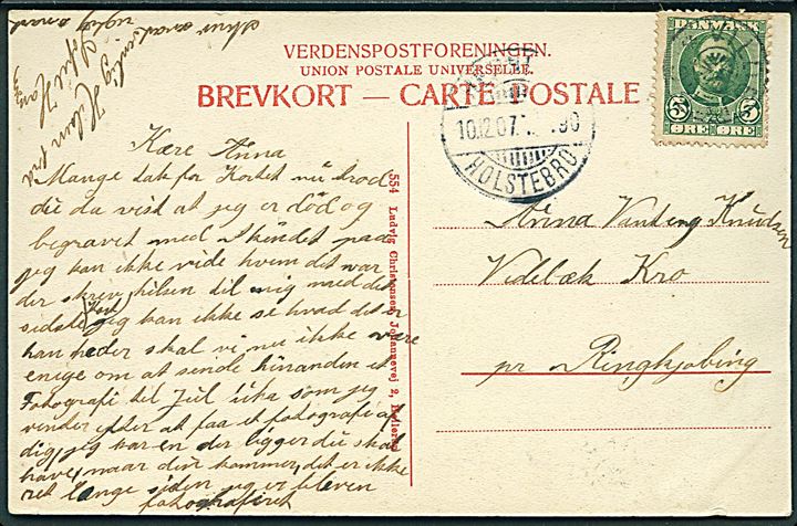 5 øre Fr. VIII på brevkort ( Nykøbing F. Banegaard) annulleret med stjernestempel VILDBJERG og sidestemplet bureau Herning - Holstebro T.1190 d. 10.12.1907 til Videbæk kro pr. Ringkøbing.