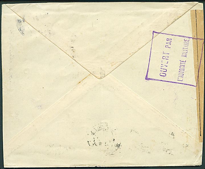 10 øre og 20 øre Chr. X med perfin LB (Landmandsbanken) på brev fra Kjøbenhavn d. 29.11.1915 til Paris, Frankrig. Åbnet af fransk censur i Dieppe.