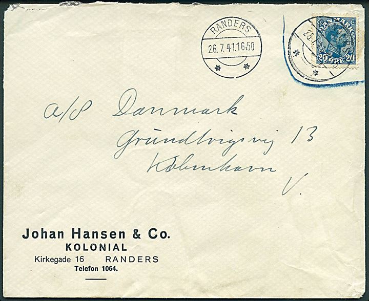 20 øre Chr. X markeret ugyldig på brev fra Randers d. 26.7.1941 til København. Øjensynlig ikke udtakseret i porto.