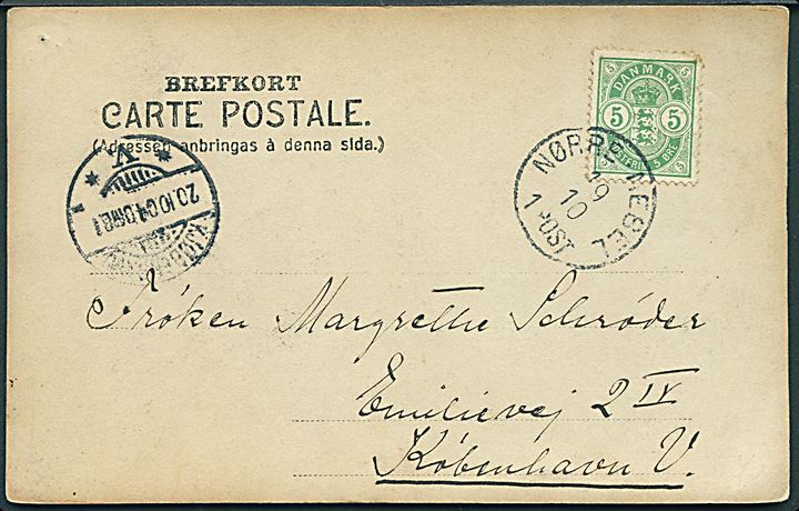 5 øre Våben (defekt) på brevkort (Blaahøj) annulleret med lapidar Nørre Nebel d. 19.10.1904 til København.