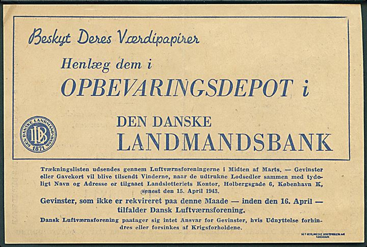 1 kr. lodseddel fra Dansk Luftværnsforenings-Landslotteri med udtrækning d. 1.3.1944.