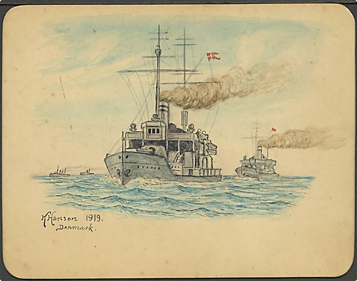 Dansk Marine. 2 danske krigsskibe. U/no. Tegnet af K. Hansen.  14x11 cm. Kvalitet 7