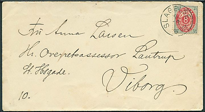 8 øre Tofarvet tryk 56 på brev annulleret med lapidar Slagelse d. 8.7.1890 til Viborg.