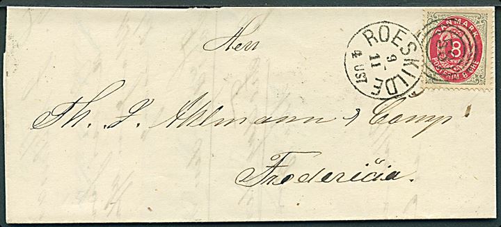 8 øre Tofarvet 3. tryk på brev annulleret med kombineret nr.stempel 58/Roeskilde d. 9.11.1875 til Fredericia.