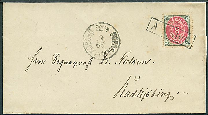 8 øre Tofarvet på brev annulleret med rammestempel Aarslev. og sidestemplet lapidar Odense - Svendborg d. 29.8.188x via Svendborg til Rudkjøbing.