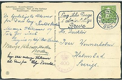15 øre Chr. X på brevkort fra København d. 6.7.1945 til Halmstad, Sverige. Dansk efterkrigscensur (krone)/400/Danmark.