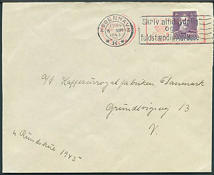 10 øre Chr. X og 8 øre posthusfranko på lokalbrev i København d. 6.9.1943.