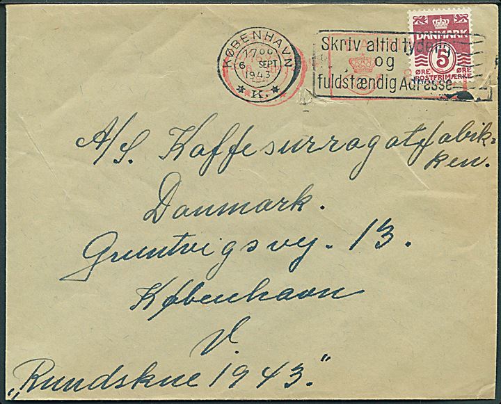 5 øre Bølgelinie og 8 øre posthusfranko på lokalbrev i København d. 6.9.1943.