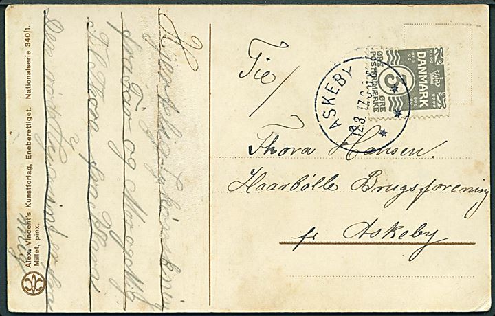 3 øre Bølgelinie på lokalt brevkort annulleret med brotype IIIb Askeby d. 12.3.1917 til Haarbølle Brugsforening pr. Askeby.