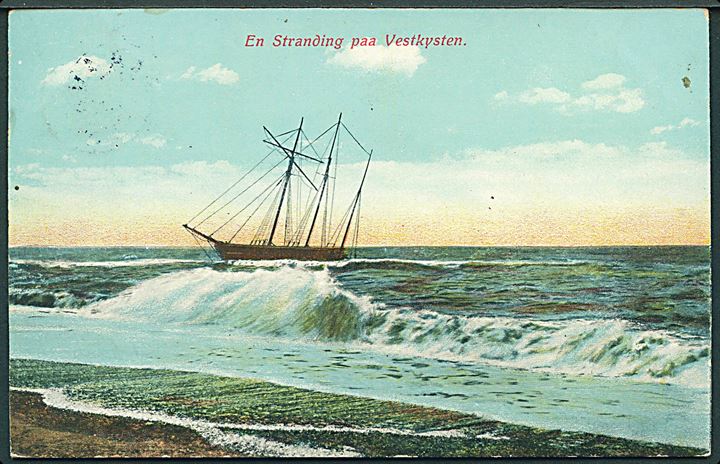 3 øre Bølgelinie på lokalt brevkort (Stranding på Vestkysten) dateret d. 4.8.1914 og annulleret med stjernestempel BLAAVAND til Varde.