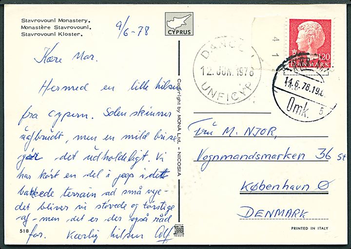 120 øre Margrethe på brevkort (Stavrovouni Kloster) stemplet København d. 14.6.1978 og sidestemplet DANCON UNFICYP d. 12.6.1978 til København. Fra dansk FN-soldat på Cypern.