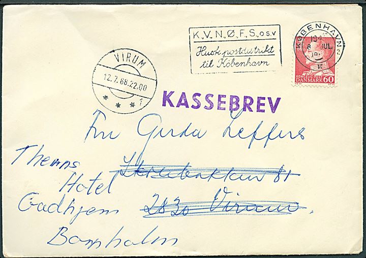 60 øre Fr. IX på brev fra København d. 6.7.1968 til Virum - eftersendt til Gudhjem, Bornholm. Stort stempel Kassebrev.