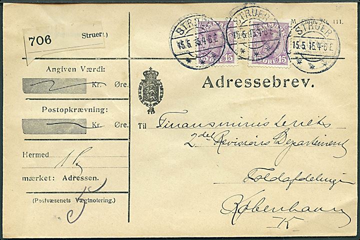 15 øre Chr. X (2) på adressebrev for pakke fra Struer d. 15.5.1915 til København. På bagsiden stemplet (krone)/Struer Toldsted.