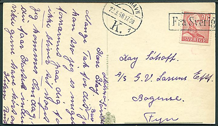 20 öre Gustaf på brevkort fra Malmö annulleret med skibsstempel Fra Sverige og sidestemplet København d. 22.3.1948 til Bogense, Danmark.