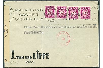 5 øre Posthorn i 4-stribe på brev fra Oslo d. 8.5.1943 til Frederikshavn, Danmark. Åbnet af tysk censur i Oslo.