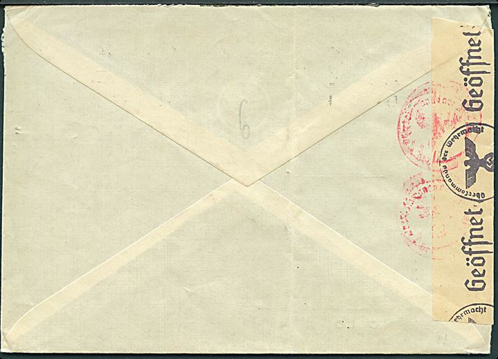 5 øre Posthorn i 4-stribe på brev fra Oslo d. 8.5.1943 til Frederikshavn, Danmark. Åbnet af tysk censur i Oslo.