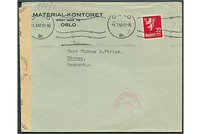 20 øre Løve på brev fra Oslo d. 11.7.1942 til Odense, Danmark. Åbnet af tysk censur i Oslo.