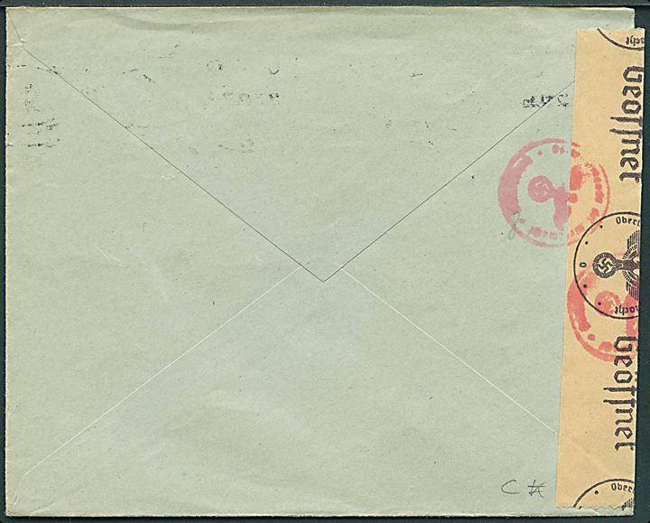 20 øre Løve på brev fra Oslo d. 11.7.1942 til Odense, Danmark. Åbnet af tysk censur i Oslo.