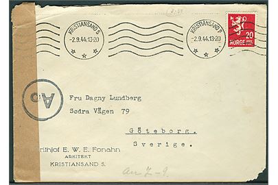 20 øre Løve på brev fra Kristiansand S. d. 2.9.1944 til Göteborg, Sverige. Åbnet af tysk censur i Oslo.