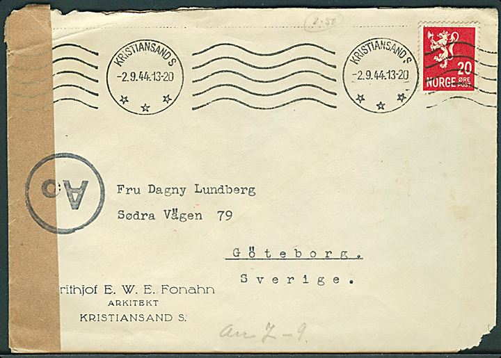 20 øre Løve på brev fra Kristiansand S. d. 2.9.1944 til Göteborg, Sverige. Åbnet af tysk censur i Oslo.