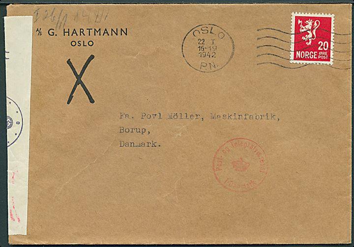 20 øre Løve på brev fra Oslo d. 22.1.1942 til Borup, Danmark. Åbnet af tysk censur i Oslo.