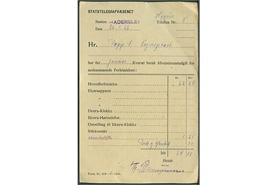 Statstelegrafvæsenet kvittering for Jan.-måned 1922 med liniestempel Haderslev.
