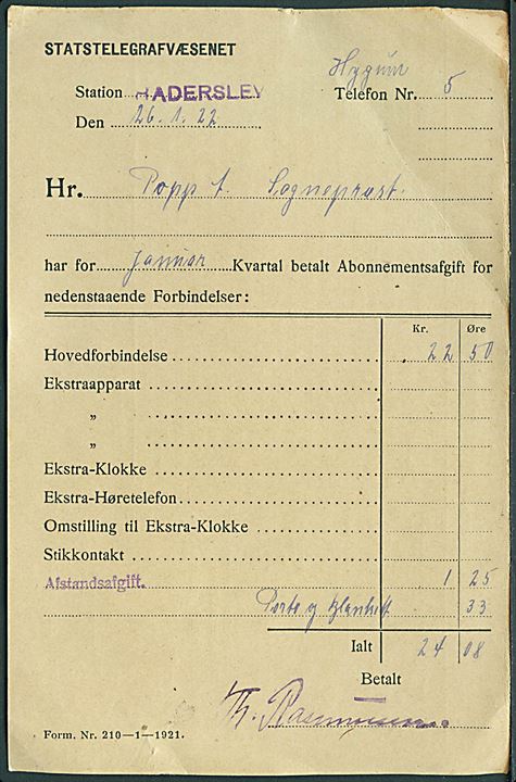 Statstelegrafvæsenet kvittering for Jan.-måned 1922 med liniestempel Haderslev.
