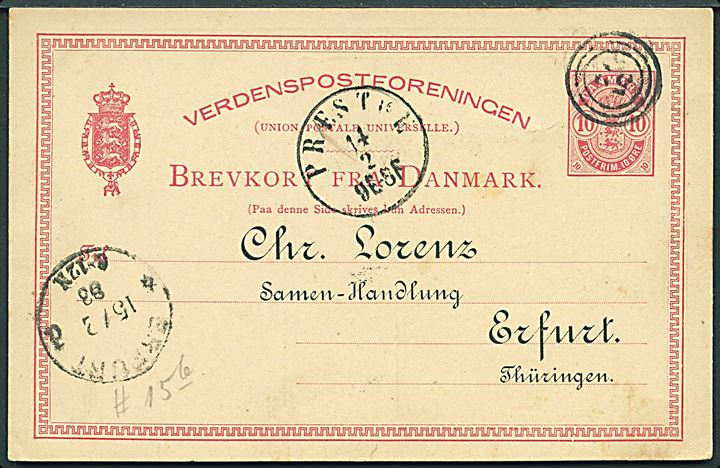 10 øre Våben små hj.tal helsagsbrevkort annulleret med nr.stempel 52 og sidestemplet antiqua Præstøe d. 14.2.1883 til Erfurt, Tyskland.