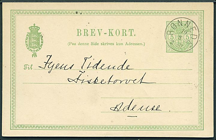 5 øre Våben helsagsbrevkort dateret Bækkeskov annulleret med lapidar Rønnede d. 10.8.1894 til Odense.