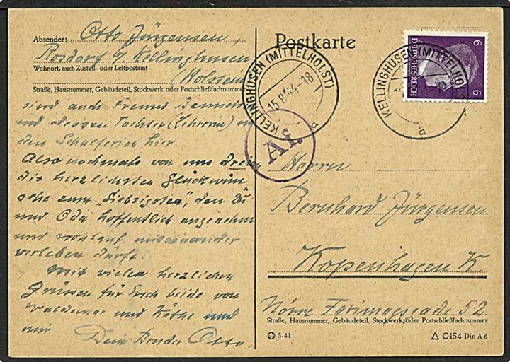 6 pfg. Hitler på brevkort fra Kellinghusen (Mittelholst) d. 15.8.1944 til København, Danmark. Passér stemplet Af ved censuren i Hamburg.