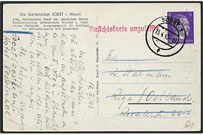 6 pfg. Hitler på brevkort fra Soest d. 13.4.1943 til Riga, Ostland. Returneret med rødt stempel: Ansichtskarte unzulässig.