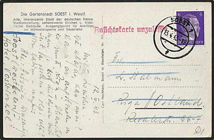 6 pfg. Hitler på brevkort fra Soest d. 13.4.1943 til Riga, Ostland. Returneret med rødt stempel: Ansichtskarte unzulässig.