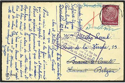 15 pfg. Hindenburg på brevkort fra Dresden d. 26.11.1941 til Braine le Comte, Belgien. Returneret med stort rammestempel. 