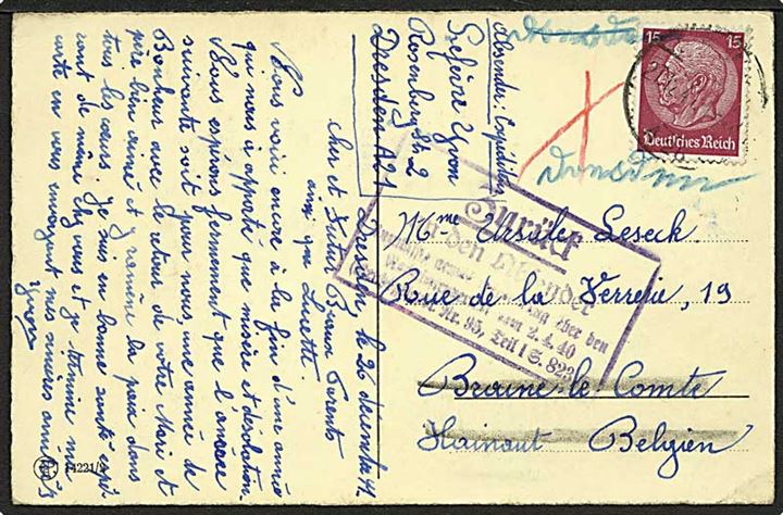 15 pfg. Hindenburg på brevkort fra Dresden d. 26.11.1941 til Braine le Comte, Belgien. Returneret med stort rammestempel. 