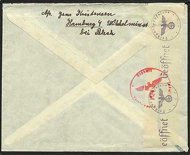 25 pfg. Hindenburg på brev stemplet Hamburg Freihafen d. 10.2.1941 til København, Danmark. Åbnet af tysk censur i Hamburg og lukket med Feldpostprüfstelle banderole.