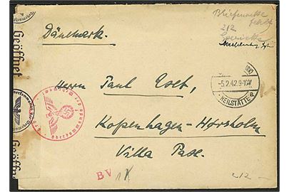 Brev fra Balitz-Heilstätte d. 5.2.1942 til Hørsholm, Danmark. Påskrevet: Briefmarke fehlt. Åbnet af tysk censur i Hamburg.