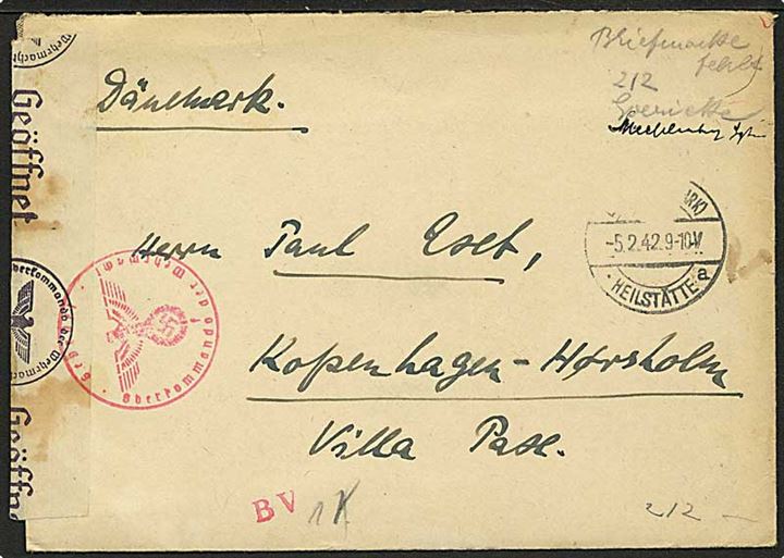 Brev fra Balitz-Heilstätte d. 5.2.1942 til Hørsholm, Danmark. Påskrevet: Briefmarke fehlt. Åbnet af tysk censur i Hamburg.