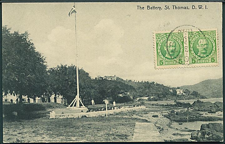 Dansk Vest Indien: The Battery, St. Thomas. Lightbourn's West India Series u/no. Frankeret med 5 bit Fr. VIII i parstykke stemplet St. Thomas 1910 til Belgien.
