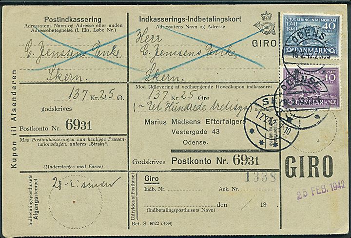 10 øre og 40 øre Vitus Bering på retur Indkasserings-Indbetalingskort fra Odense d. 16.2.1942 til Skern.
