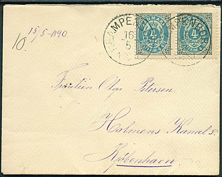 4 øre Tofarvet i parstykke på brev annulleret med lapidar Klampenborg d. 16.5.1890 til Kjøbenhavn.