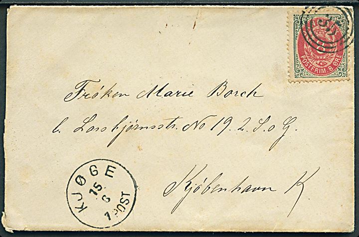 8 øre Tofarvet på brev annulleret med nr.stempel 35 og sidestemplet lapidar Kjøge d. 15.6.1883 til Kjøbenhavn.