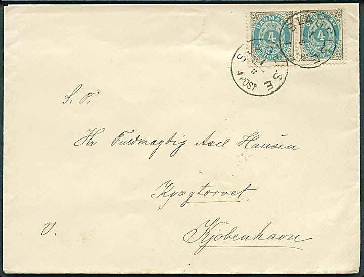 4 øre Tofarvet i parstykke på brev annulleret med lapidar 1.8.1887 til Kjøbenhavn.