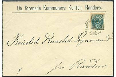 4 øre Tofarvet på tryksag annulleret med lapidar Randers JB.P. d. x.9.1893 til Kousted Raasted Sogneraad pr. Randers.