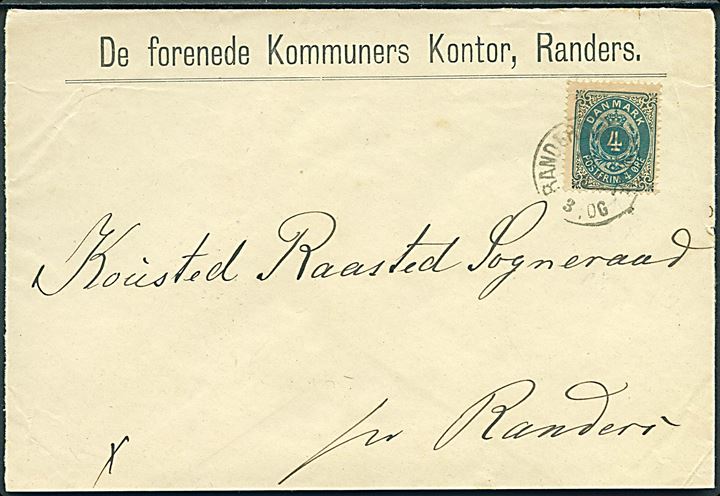 4 øre Tofarvet på tryksag annulleret med lapidar Randers JB.P. d. x.9.1893 til Kousted Raasted Sogneraad pr. Randers.