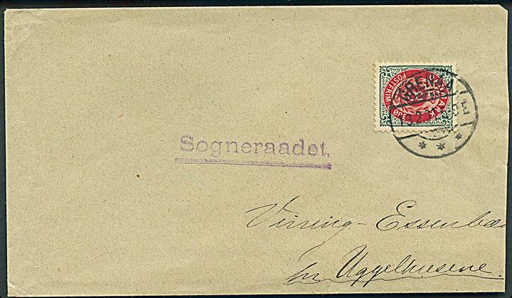 8 øre Tofarvet omv. rm. på brev fra Grenaa d. 13.2.1901 til Uggelhuse. Uggelhuse blev brevsamlingssted i 1876, men fik først eget stempel i 1903.