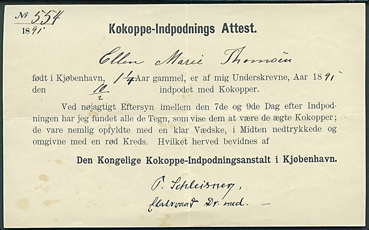 Kokoppe-Indpodnings Attest fra Kjøbenhavn d. 10.2.1891.