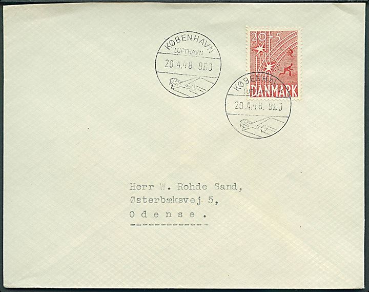 20+5 øre Frihedsfonden på brev stemplet København Lufthavn d. 20.4.1948 til Odense.