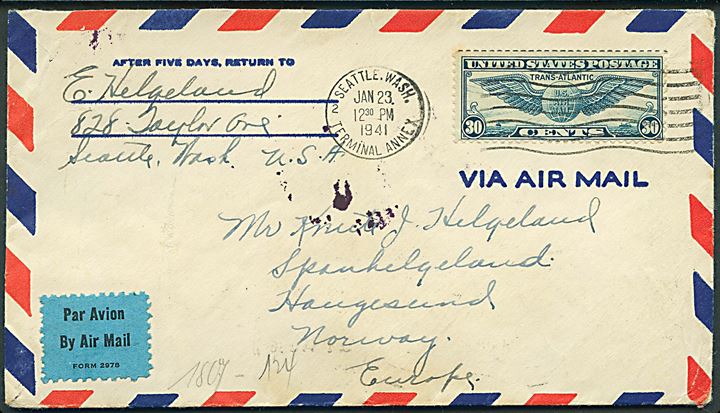 30 cents Winged Globe single på luftpostbrev fra Seattle d. 23.1.1941 til Haugesund, Norge. Åbnet af tysk censur i Frankfurt.